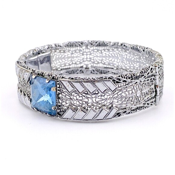 Ostby Barton Filigree Clamper Bracelet Sterling Silver Rhodium Edwardian to Deco - Picture 2 of 7